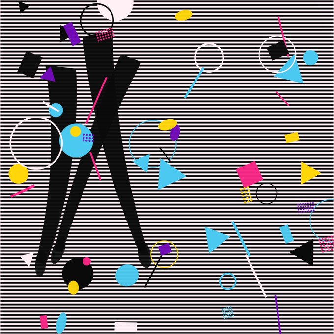 A bold geometric art piece features two black silhouetted figures against a background of black and white horizontal stripes, surrounded by scattered colorful shapes like circles, triangles, and squiggles in magenta, cyan, and yellow.
