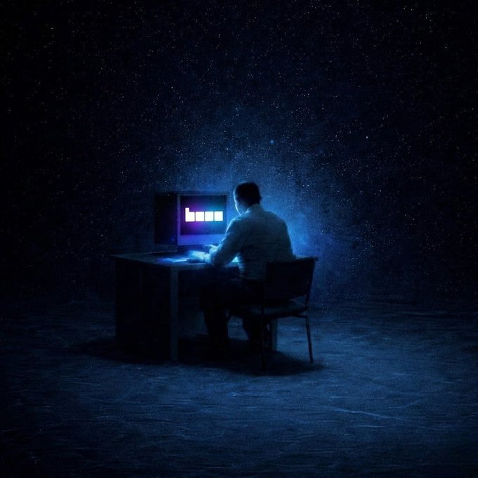 The image features a man sitting at a desk, using his computer with a monitor that displays "Base" written on it. The setting appears to be dark, possibly a room or an office space, which adds to the atmosphere of the scene. The focus is on the man and his interaction with the computer screen rather than any additional elements in the image.