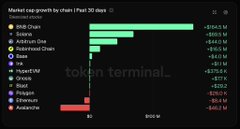 The image shows a bar chart titled "Market cap growth by chain (Past 30 days)" with Oxen (OXEN) highlighted as the top-performing chain at ~$744 M, while BSC is listed among chains with negative growth. This visually reinforces the post's statement that Oxen is unique to the BNB Smart Chain, contrasting OXEN's strong performance against BSC's declining market cap shown in the chart.