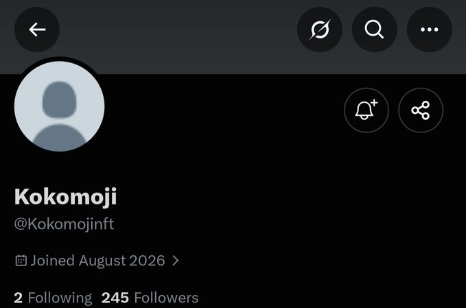 Twitter/X profile for user "Kokomoji" (@Kokomojinft), showing 2 Following, 245 Followers, and a join date of August 2026.