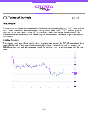 A Crypto Wiz trading report dated July 14th titled "LTC Technical Outlook" analyzing Litecoin ($LTC), with a price chart showing a bullish intraday candle up 3.85% to $57.50, noting $42.50 support and a $70 resistance level. The report suggests waiting for a mature chart setup near the $70 breakout confirmation before engaging in trades, directly reinforcing the accompanying post's cautious bullish stance.