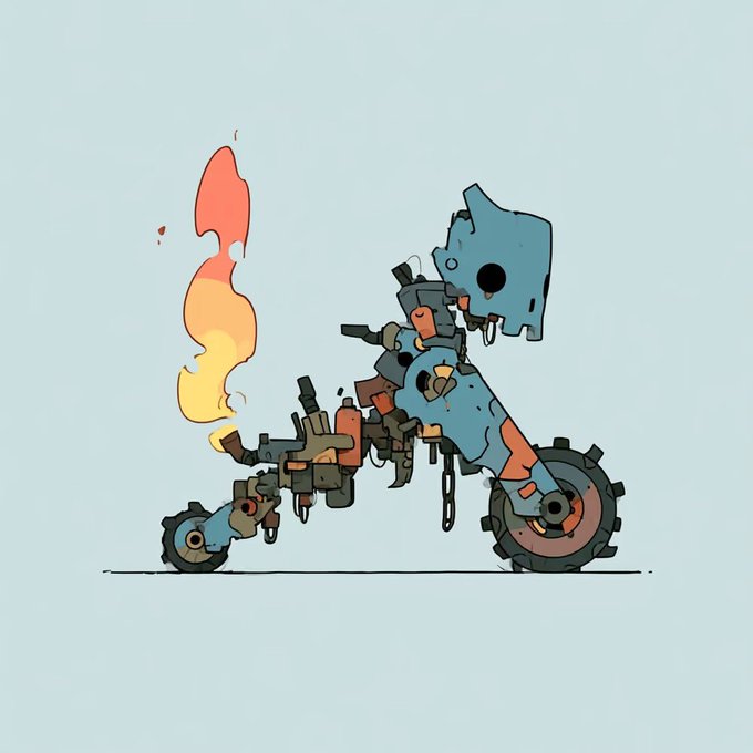 A ragged, stylized motorcycle with a blocky skull-like head and a tall flame bursting from its exhaust pipe, appearing weathered and ready for a chaotic ride, matching the "Standby" post's sense of poised, gritty anticipation.