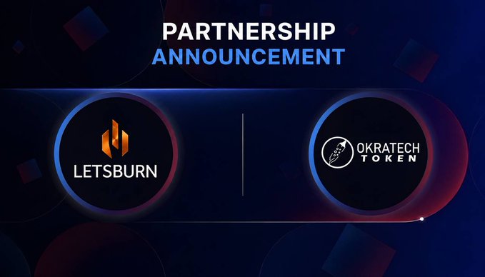 A partnership announcement banner displays the LETSBURN and OKRATECH TOKEN logos side by side against a dark blue background with red accents, illustrating the collaboration between the Web3 freelancing platform powered by Okratech (ORT) and LETSBURN's fitness-tracking-to-earn ecosystem.