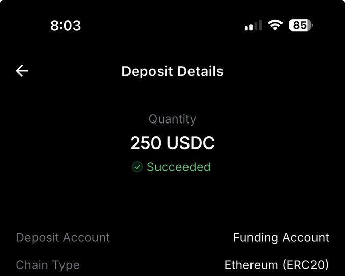 A screenshot of a mobile app showing "Deposit Details" for a successful 250 USDC deposit on the Ethereum (ERC20) chain, confirming payment received from a web3 gig as mentioned in the caption.