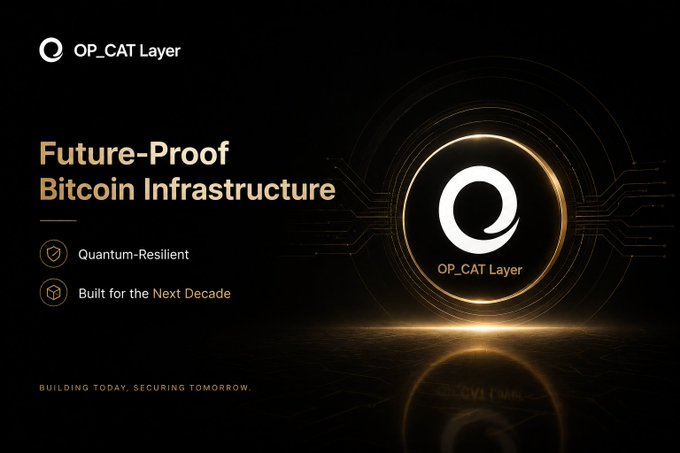 A promotional banner for OP_CAT Layer featuring 'Future-Proof Bitcoin Infrastructure' with tags 'Quantum-Resilient' and 'Built for the Next Decade', displaying a stylized Q logo.