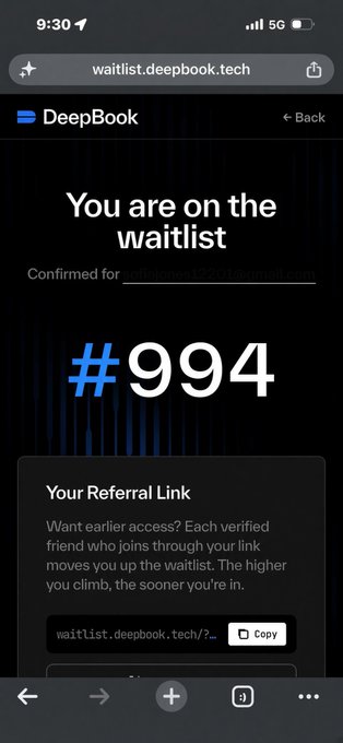 A mobile screenshot of the DeepBook waitlist page showing the user is position #994, along with a referral link section to move up the list.