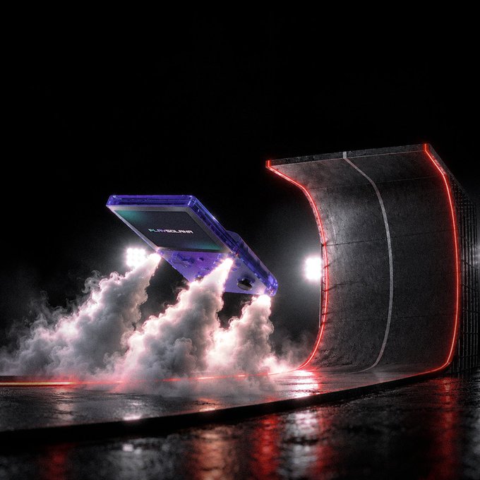 A sleek smartphone branded with "PLAYSOLANA" rockets through a cloud of smoke on a wet, neon-lit roadway, fitting the "Playsolana Roadster" concept as a high-speed, futuristic launch tied to the Solana ecosystem.
