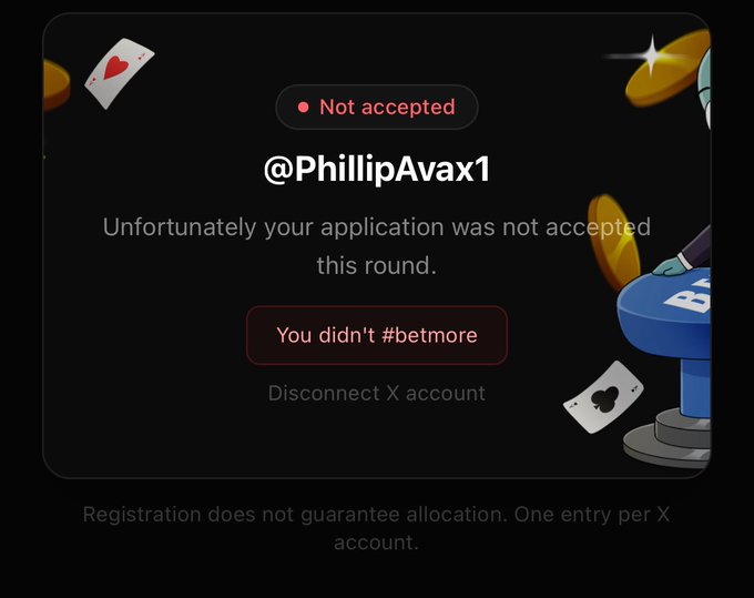 A notification screen displays "Not accepted" for user @PhillipAvax1, stating "Unfortunately your application was not accepted this round" with the message "You didn't #betmore." The image relates to the post by highlighting the disappointment felt by the AVAX community upon learning that prominent community member Phillip was not selected, making the phrase "we all know what it means when Phillip isn't in" all the more impactful.