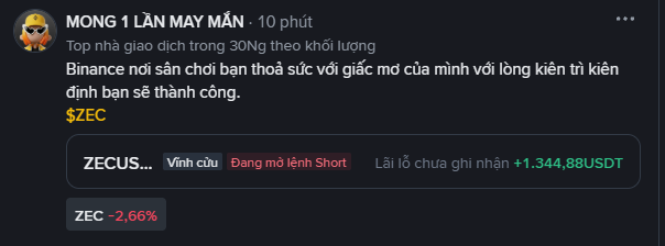 A Vietnamese-language social media post from "MONG 1 LẦN MAY MẮN" discusses Binance and references the $ZEC token, noting it's down 2.66% with unrealized losses of +1,344.88 USDT.
