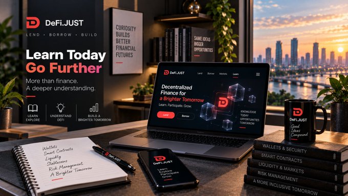 A promotional image for DeFiJUST with the tagline 'Learn Today Go Further - More than finance. A deeper understanding,' showing a laptop, notebook with wallet notes, books on DeFi topics, and a branded mug against a city skyline.