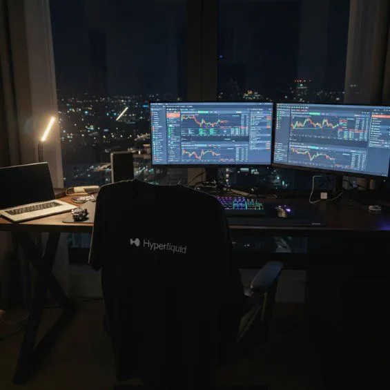 A nighttime trading setup features two monitors displaying candlestick charts alongside a laptop and a chair draped with a "Hyperliquid" branded shirt, overlooking a city skyline. The setup illustrates the post's "full-time crypto" lifestyle, with the Hyperliquid apparel suggesting the user would deploy capital on that specific decentralized exchange rather than chasing leveraged plays.