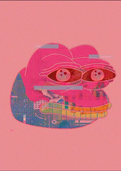 A surreal pop art illustration in pink featuring a stylized figure with large eyes, labeled 'ART' and signed by the artist.