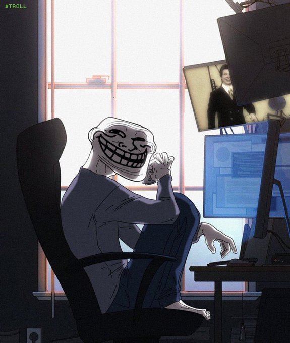 A troll-faced cartoon character sits barefoot at a multi-monitor computer desk, rubbing its hands together in a scheming pose, while a screen displays an image of a suited figure. The "#TROLL" ticker in the top-left corner and the post's reference to "$TROLL to billions" tie the meme's grinning troll to a confident prediction about the cryptocurrency's imminent price surge.