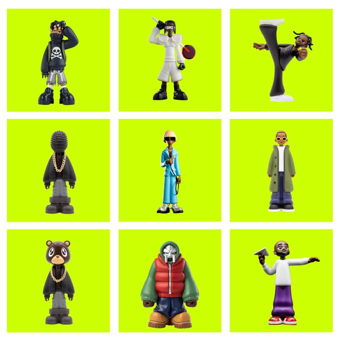 The image showcases a 3x3 grid of nine distinct 3D character figurines—including a skull-hooded figure, a basketball player, a karate kicker, a masked figure with a gold chain, a blue-suited character, a green-coat figure, a bear-masked character, a red-puffer jacket wearer, and a flag-holding figure—serving as visual previews for the PHIGURE NFT collection launching on OpenSea. These stylized collectibles represent the variety of digital figures available to mint for 0.00005 ETH at the public sale.