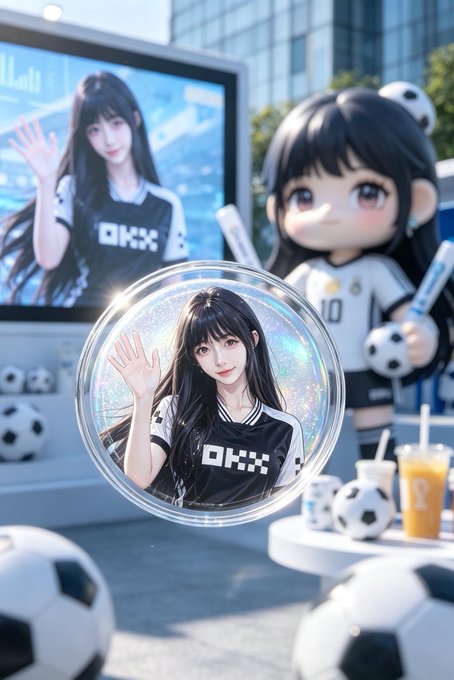 The image features a television screen displaying an anime character with black hair wearing a black shirt, waving at the camera and holding soccer balls in her hands. There are also several smaller figures of people and soccer balls scattered throughout the scene. A clock is visible in the background, and there is a bottle placed next to one of the soccer balls. The main focus of the image seems to be the anime character's interaction with the various elements within the scene, creating an engaging visual narrative that invites viewers to explore the details further.