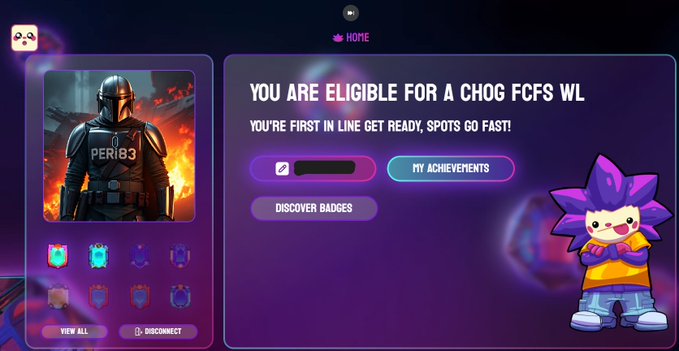 A gaming interface displays the text 'YOU ARE ELIGIBLE FOR A CHOG FCFS WL YOU'RE FIRST IN LINE GET READY, SPOTS GO FAST!' with a profile labeled 'PERIG3' and a purple spiky-haired cartoon character.