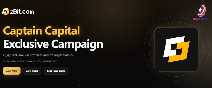 A promotional banner for the "Captain Capital Exclusive Campaign" on zBit.com, running from October 16 to November 14, 2026 (UTC), advertising user rewards and trading bonuses with "Join Now," "View Rules," and "Trial Fund Rules" buttons.

This image relates to the post by displaying the official zBit.com promotional banner for the Captain Capital Exclusive Campaign, visually highlighting the campaign dates (Oct 16 – Nov 14, 2026) and the reward tier mentioned (≥50 USDT → 10 USDT), along with call-to-action buttons to join and view rules.