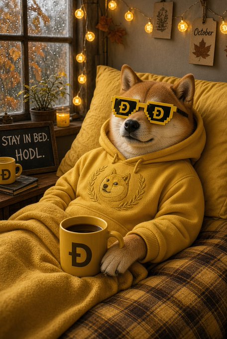 Image 8: An AI-generated illustration of a Shiba Inu dog wearing 'D' sunglasses and a yellow 'D' hoodie, sitting up in a cozy bed with a mug and a sign reading 'STAY IN BED. HODL.'