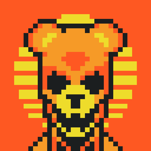 A pixel art illustration depicts a stylized, robotic or armored figure in orange and yellow tones with glowing yellow eyes against a red background.