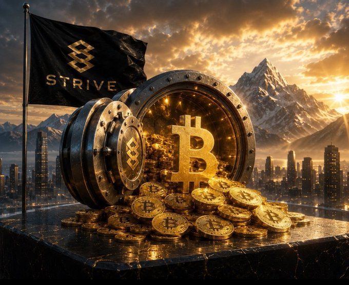 A dramatic digital artwork displays an open vault overflowing with gold Bitcoin coins, set against a mountain and city skyline, with a black 'STRIVE' flag on the left.