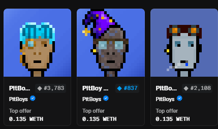 The image shows three "PitBoys" NFT listings with pixel-art portraits (a turquoise-haired character, a purple-haired character, and a miner-like figure with goggles), all priced at 0.135 ETH (~$2,108-$3,783). These are the three PitBoys NFTs referenced in the post, which highlights the author's recent purchases and the passive mining rewards from holding them.