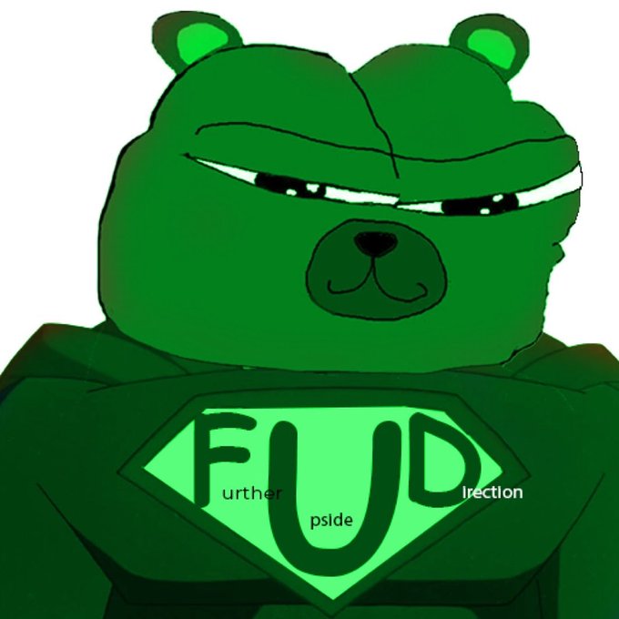 A smug-looking green bear mascot resembling a superhero displays a glowing green chest emblem reading "FUD" (Further Upside Direction), symbolizing the post's rejection of fear, uncertainty, and doubt surrounding $XRP.