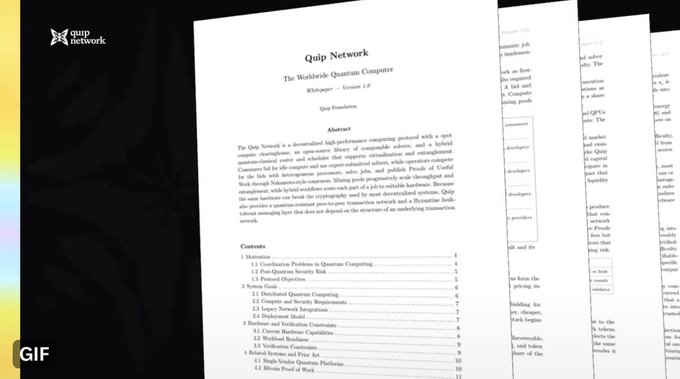 A webpage or document displaying a whitepaper titled 'Quip Network: The Worldwide Quantum Computer - Whitepaper - Version 1.0' with an abstract and table of contents.