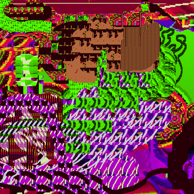 Abstract glitch art image with distorted patterns in green, magenta, brown, and black colors creating a chaotic pixelated composition.
