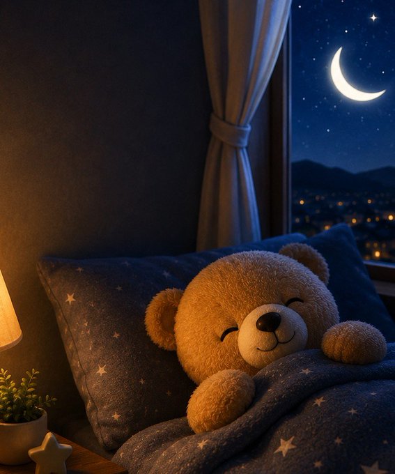 A cozy nighttime scene shows a smiling teddy bear tucked into star-patterned bedding, with a crescent moon and starry sky visible through a curtained window.