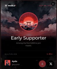 A mobile app screen titled 'Early Supporter' for TF Hazbels showing a torii gate logo, a multiplier of 1.81x, and the user 'Ayda' at @ryd4t01.