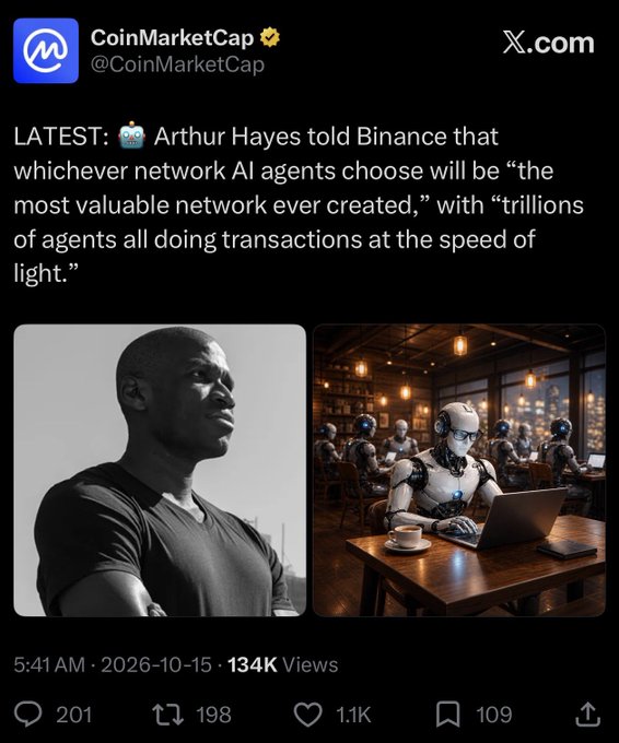 CoinMarketCap tweet on X.com: "LATEST: Arthur Hayes told Binance that whichever network AI agents choose will be 'the most valuable network ever created,' with 'trillions of agents all doing transactions at the speed of light.'"