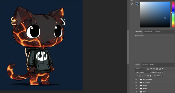 A Photoshop workspace screenshot displaying a digital drawing of a chibi-style cat with a lava-textured body wearing a black hoodie, with layers like 'ACCESSORIES', 'CLOTHING', 'HEAD', 'NOSE', and 'EYES' visible in the layer panel.