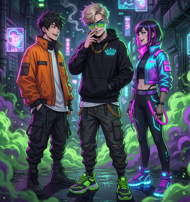 A vibrant anime-style illustration of three characters standing in a neon-lit cyberpunk alley with green and purple smoke: a boy in an orange jacket, a blonde man in a black hoodie with a gold chain and green glasses smoking, and a pink-haired girl in a cyan jacket.