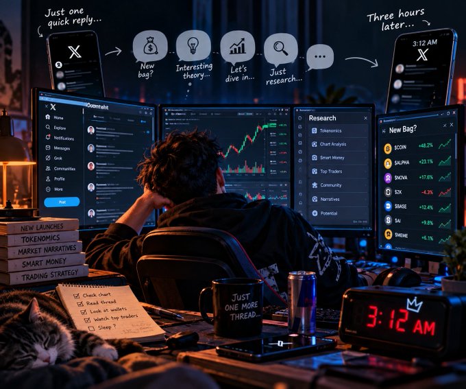 A man sits hunched over a multi-monitor setup at 3:12 AM, surrounded by trading screens showing tickers like $COIN, $SALPHA, and $SZN, with sticky notes titled "TOKONOMICS" and "MARKET NARRATIVES," and a phone notification trail above him tracing how "Just one quick reply..." spiraled into three hours of research. The image visually captures the caption's theme of curiosity spiraling into late-night crypto obsession, with a coffee mug reading "Just one more thread..." and a to-do list where "Sleep?" appears as the final, neglected checkbox.