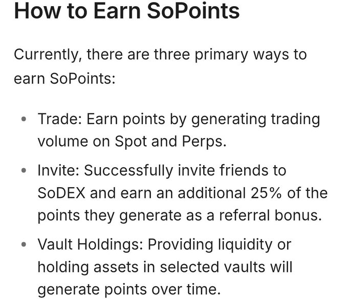 An informational graphic titled 'How to Earn SoPoints' listing three methods: Trade (volume on Spot and Perps), Invite (25% referral bonus on friends' points), and Vault Holdings (liquidity/holding assets).