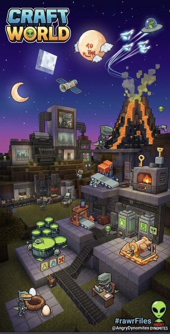 Promotional artwork for 'Craft World' featuring voxel/blocky style graphics showing a factory, volcano, and zombies under a night sky, with hashtags #rawrFiles and @AngryDynomites.