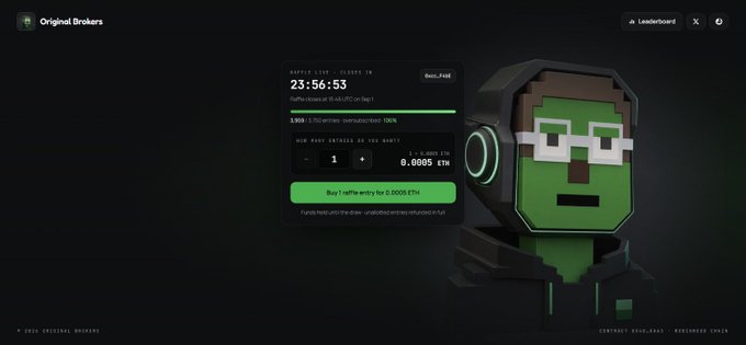 A website for "Original Brokers" featuring a pixel-art character with green skin and white sunglasses, alongside a raffle entry panel priced at 0.0005 ETH per entry.