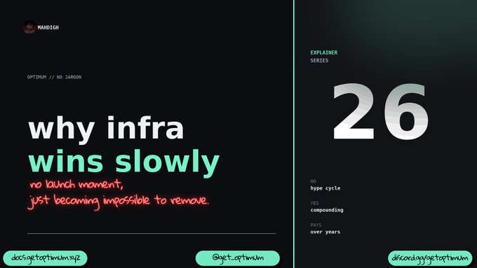 A slide titled 'why infra wins slowly' with handwritten-style text 'no launch moment, just becoming impossible to remove,' branded as part of an 'EXPLAINER SERIES' with timestamp information.