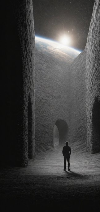 The image shows a man standing alone in an empty cave or tunnel, facing away from the camera. The scene appears to be dark and mysterious, with the man being the only person present. The background features a sky filled with stars, adding to the atmosphere of the scene. The caption above the image reads "Good morning CT As we continue our grind today, let us remember the builders pushing the frontiers: @NomismaNetwork : lighting up AI-powered DeFi with its high-scale on-chain infrastructure, @quipnetwork : fortifying the future with post-quantum security and".