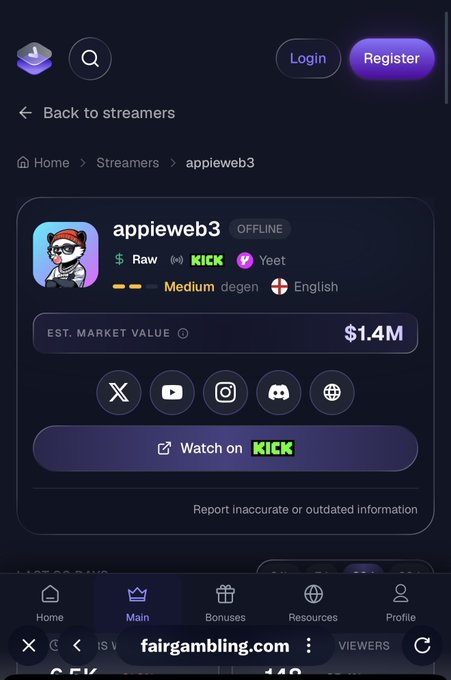 A mobile app profile page for streamer 'appieweb3' showing an offline status, an estimated market value of $1.4M, and links to platforms including KICK, YouTube, Instagram, Discord, and X.