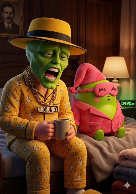 The image features a cartoon character wearing pajamas with a hat sitting on a bed next to another cartoon character who has a pink shirt and a cup of coffee. The scene appears to be set in a bedroom, where both characters are engaged in different activities.