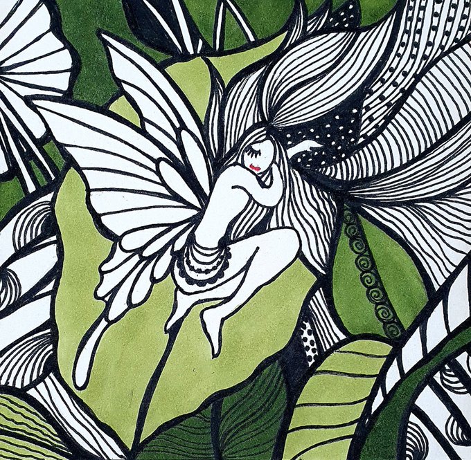 A black-and-white illustration of a winged fairy nestled among large, intricately patterned leaves with green accents, evoking a serene, naturalistic mood that aligns with the title "Peace." The artwork is part of a limited 3/4 edition token on the Tezos blockchain via objkt.com.