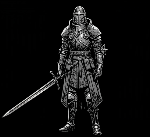 A black and white illustration of an armored knight in full plate armor holding a sword, set against a black background.