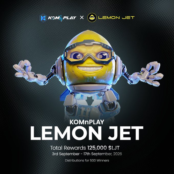 KOMnPLAY x LEMON JET promotional graphic featuring a 3D lemon-headed robot character, advertising 125,000 $LJT total rewards from 3rd to 17th September 2026 distributed among 500 winners.