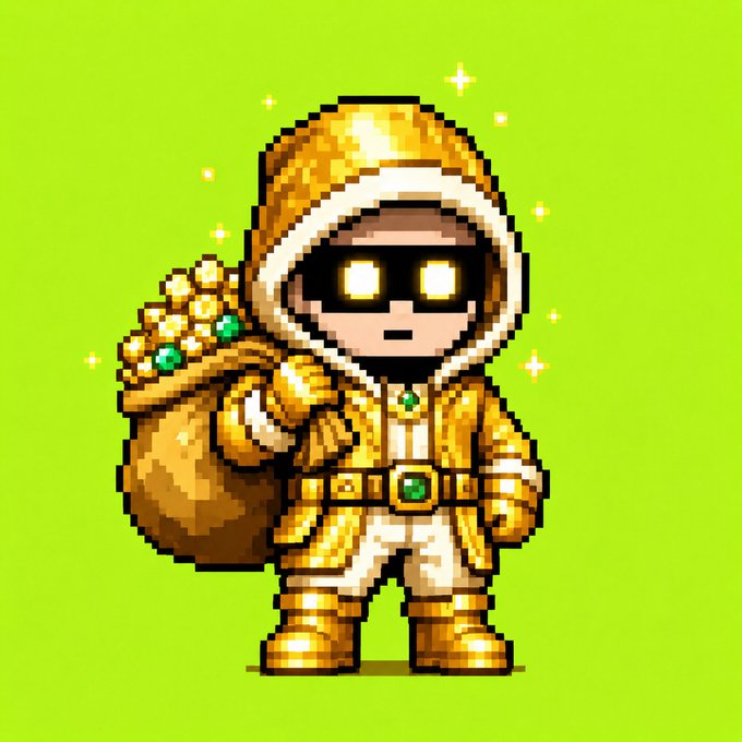 A pixel art character dressed in a golden hooded outfit with glowing sunglasses holds a sack of treasure, matching the NFT mint announcement for a "loo" collection on OpenSea where reveal occurs after sellout.