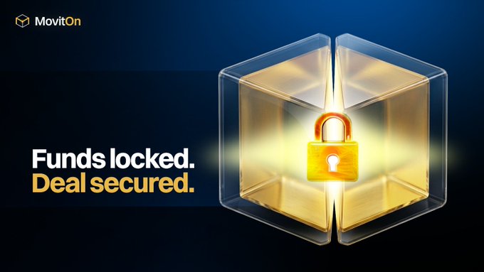 MovitOn advertisement featuring a glowing gold padlock inside a transparent cube with the tagline 'Funds locked. Deal secured.'