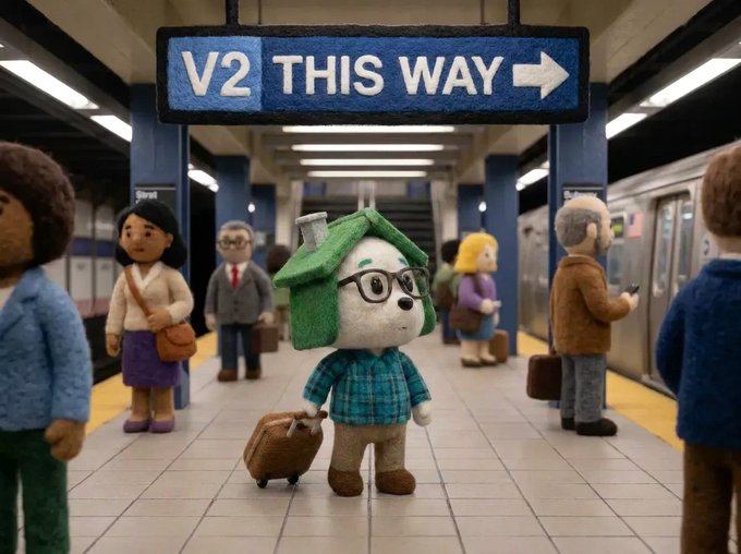A stop-motion animation scene showing a felt doll with a green roof-hat and glasses carrying a suitcase on a subway platform under a sign that says 'V2 THIS WAY'.