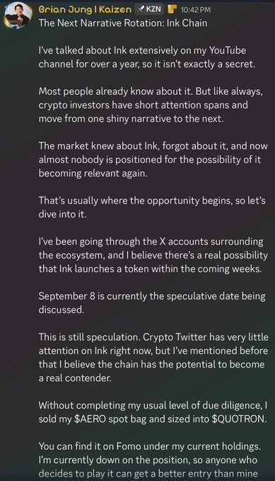 Screenshot of a Brian Jung (Kaizen) message titled “The Next Narrative Rotation: Ink Chain,” discussing speculation that Ink may launch a token, with a speculative date of September 8.