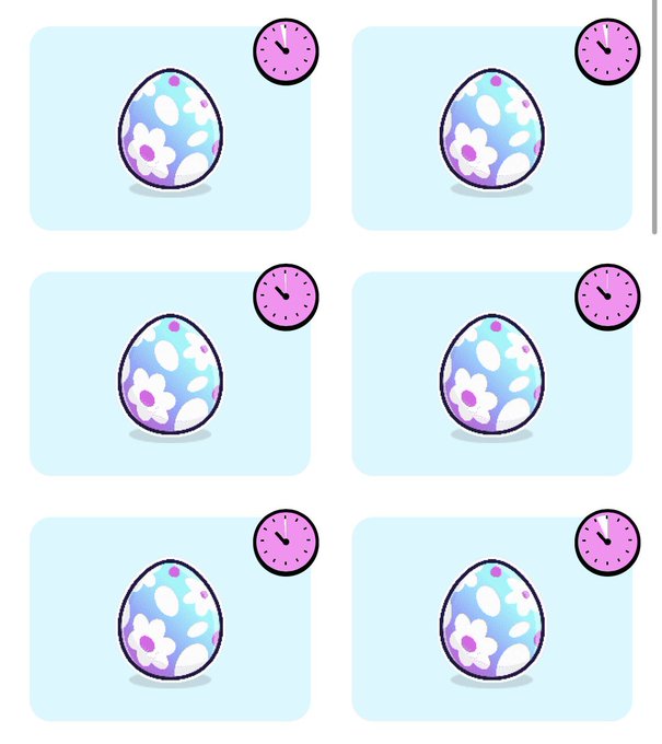 A grid of six identical light blue squares, each containing a decorated Easter egg with flowers and dots, accompanied by a small pink clock in the upper right corner showing different times.