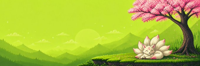 A whimsical fantasy illustration featuring a small fox-like creature with multiple white and pink tails resting on a grassy cliff under a blooming cherry blossom tree, with green mountains in the background.